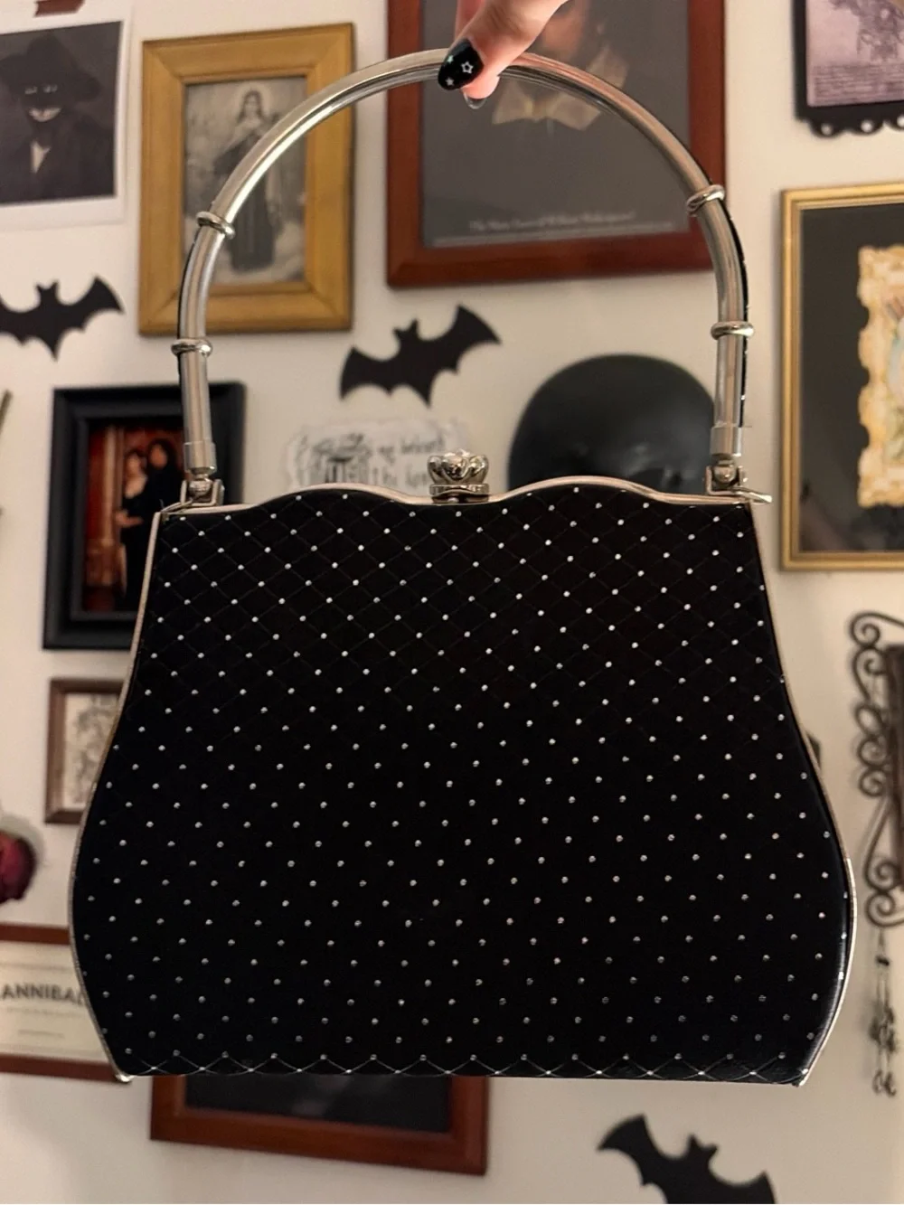 Black Satin Evening Clutch Bag with Silver Accents